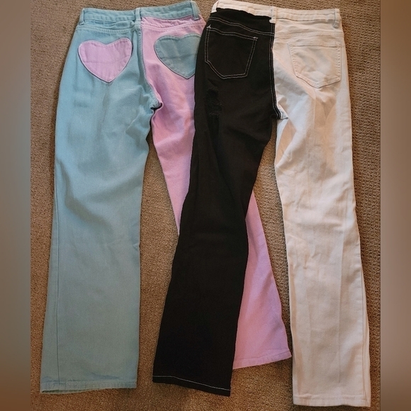 Bundle Set of Two Shein Two Tone Jeans Heart Pocket & Distressing Wide Leg/ Boot - Picture 2 of 14
